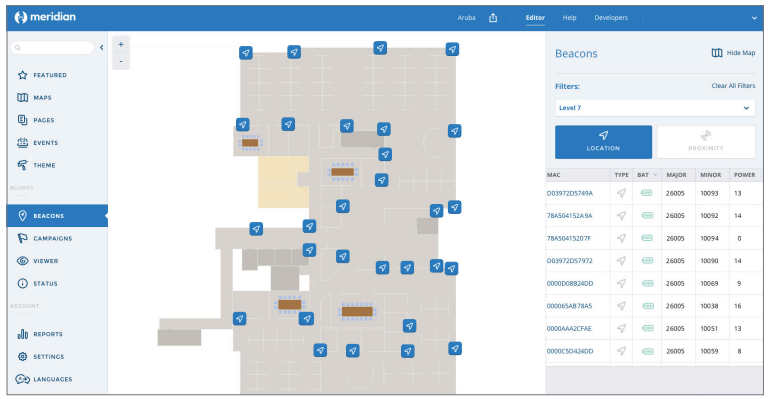 Beacon data updated over Aruba Wi-Fi (or via the Aruba Sensor) is managed within the cloud-based Meridian Editor.