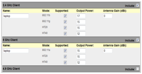 Client models describe the typical clients in an AP grouping. Client power can be defined by band and mode, and antenna gain can be defined by band.