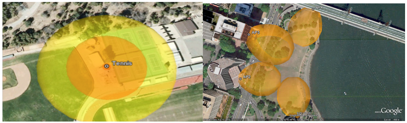 The Outdoor RF Planner displays 3D models of the coverage areas by the user-selected 802.11n throughput.